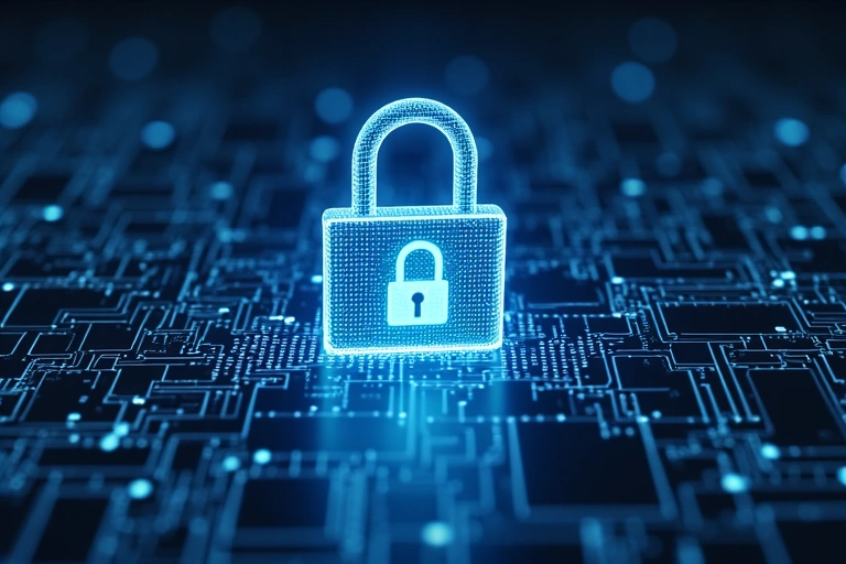 Ilustración de un candado digital y datos fluyendo de forma segura