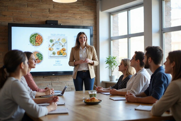 Un grupo de personas participando activamente en un taller de nutrición, con un experto presentando.
